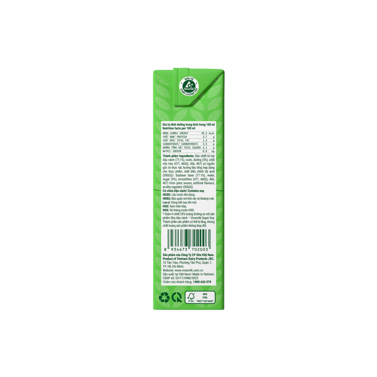 Sữa đậu nành Vinamilk Ít đường 180ml