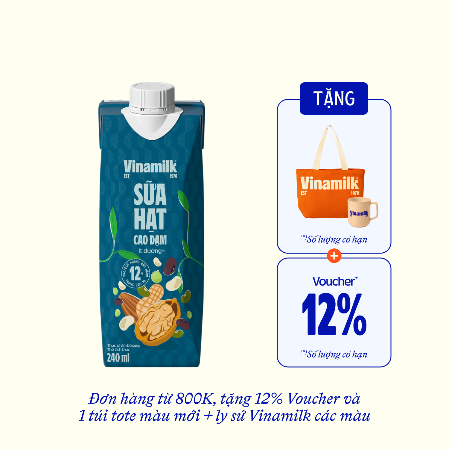 Sữa hạt Vinamilk Cao Đạm ít đường 240ml