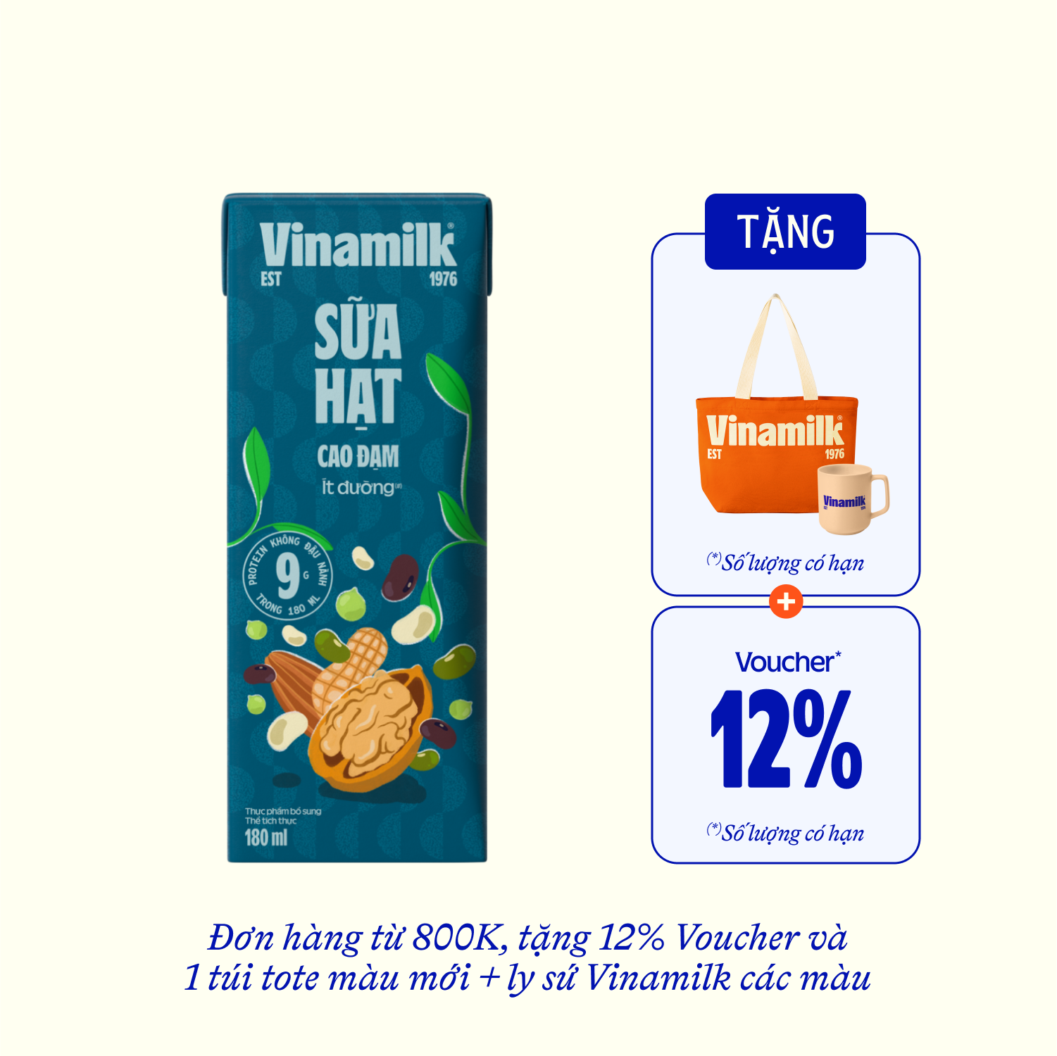 Sữa hạt Vinamilk Cao Đạm ít đường 180ml