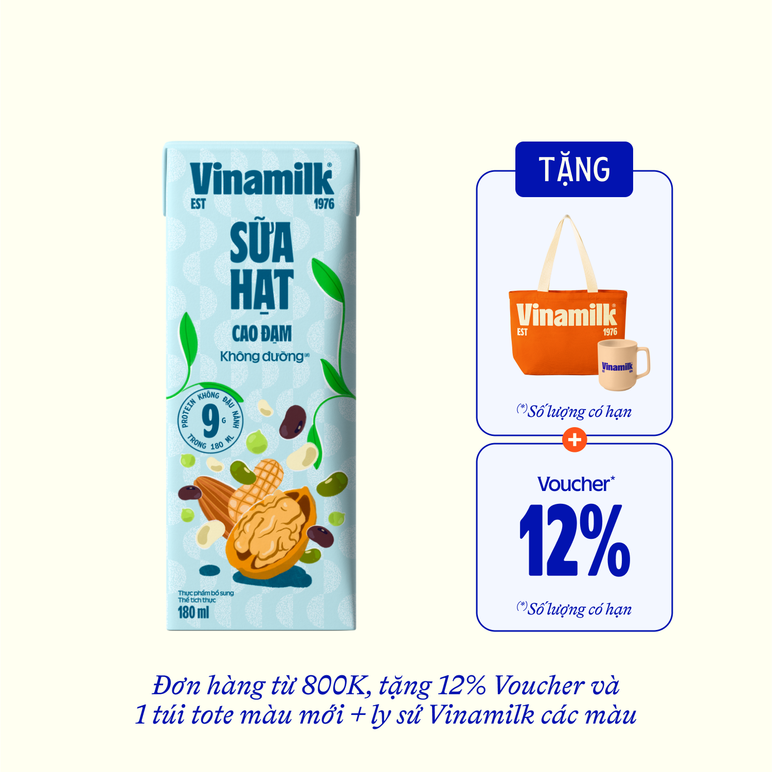 Sữa hạt Vinamilk Cao đạm không đường 180ml