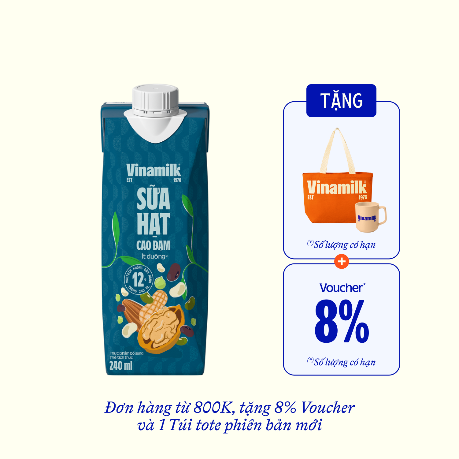 Sữa hạt Vinamilk Cao Đạm ít đường 240ml