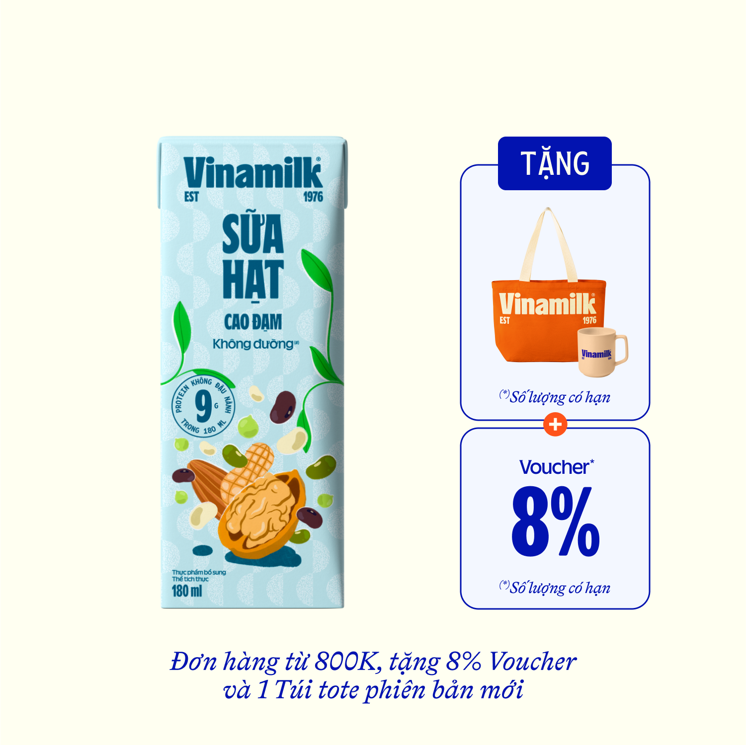 Sữa hạt Vinamilk Cao đạm không đường 180ml