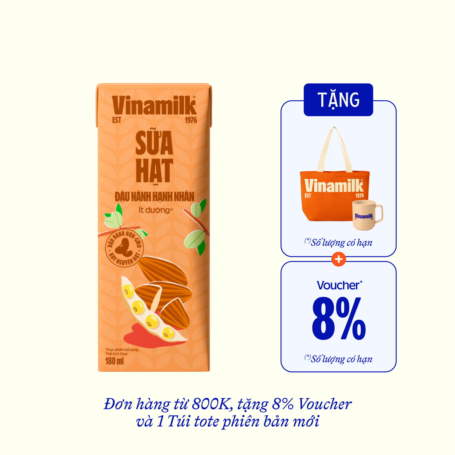 Sữa hạt Vinamilk Đậu nành Hạnh nhân 180ml - thumbnail