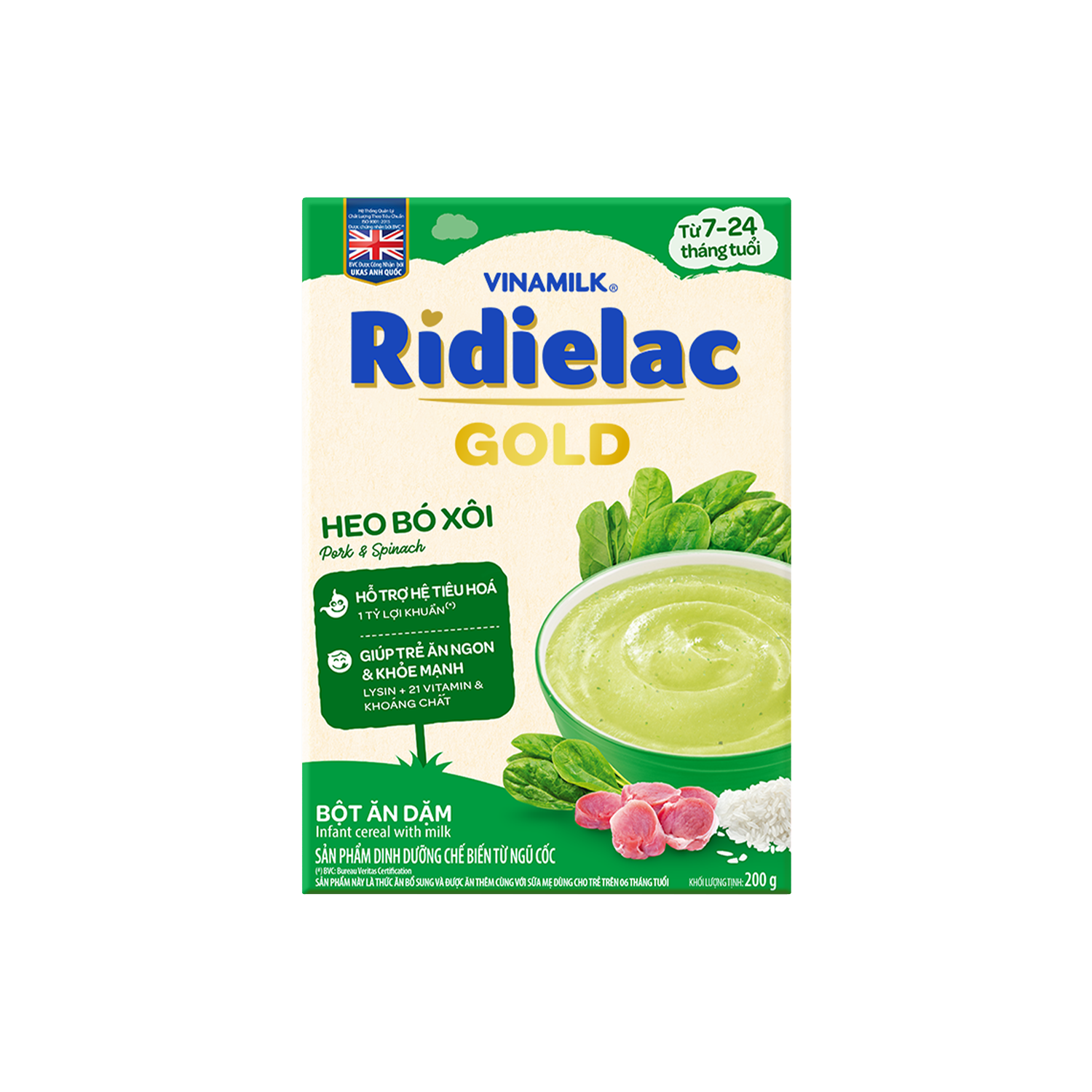 Bột ăn dặm Ridielac Gold Heo Bó xôi 200g Lẻ 1 hộp