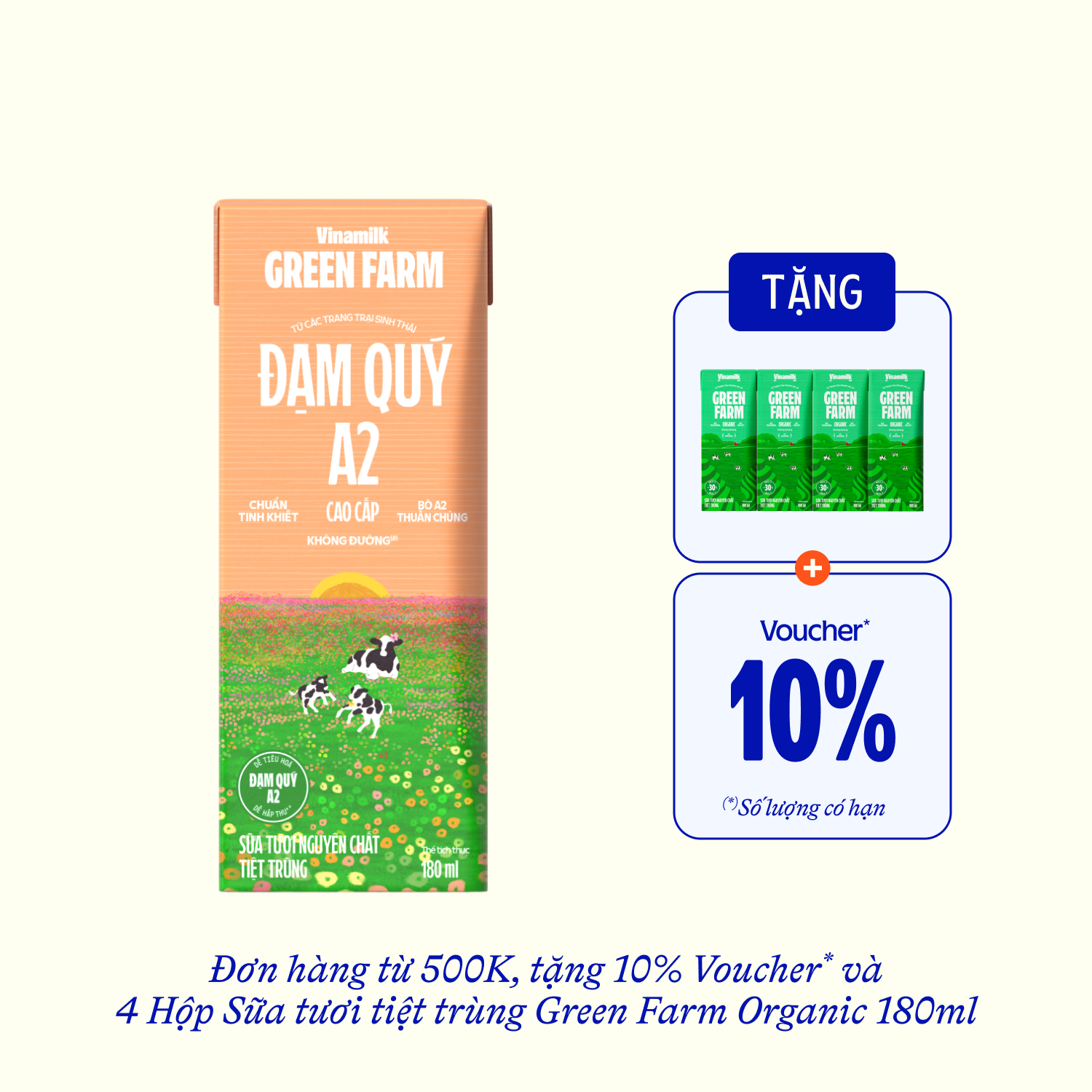 UHT Fresh Milk Green Farm Unsweetened A2 Protein 180ml Thùng 48 hộp