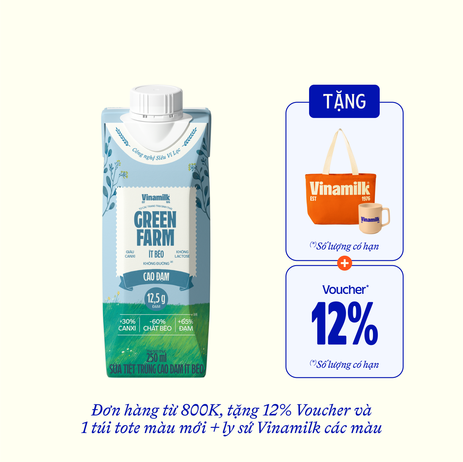 Sữa tươi tiệt trùng Green Farm Cao đạm ít béo 250ml Thùng 12 hộp