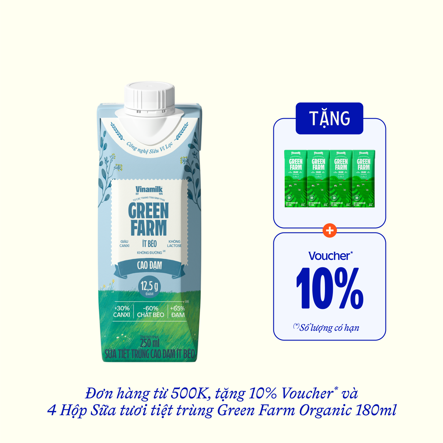 Sữa tươi tiệt trùng Green Farm Cao đạm ít béo 250ml Thùng 12 hộp