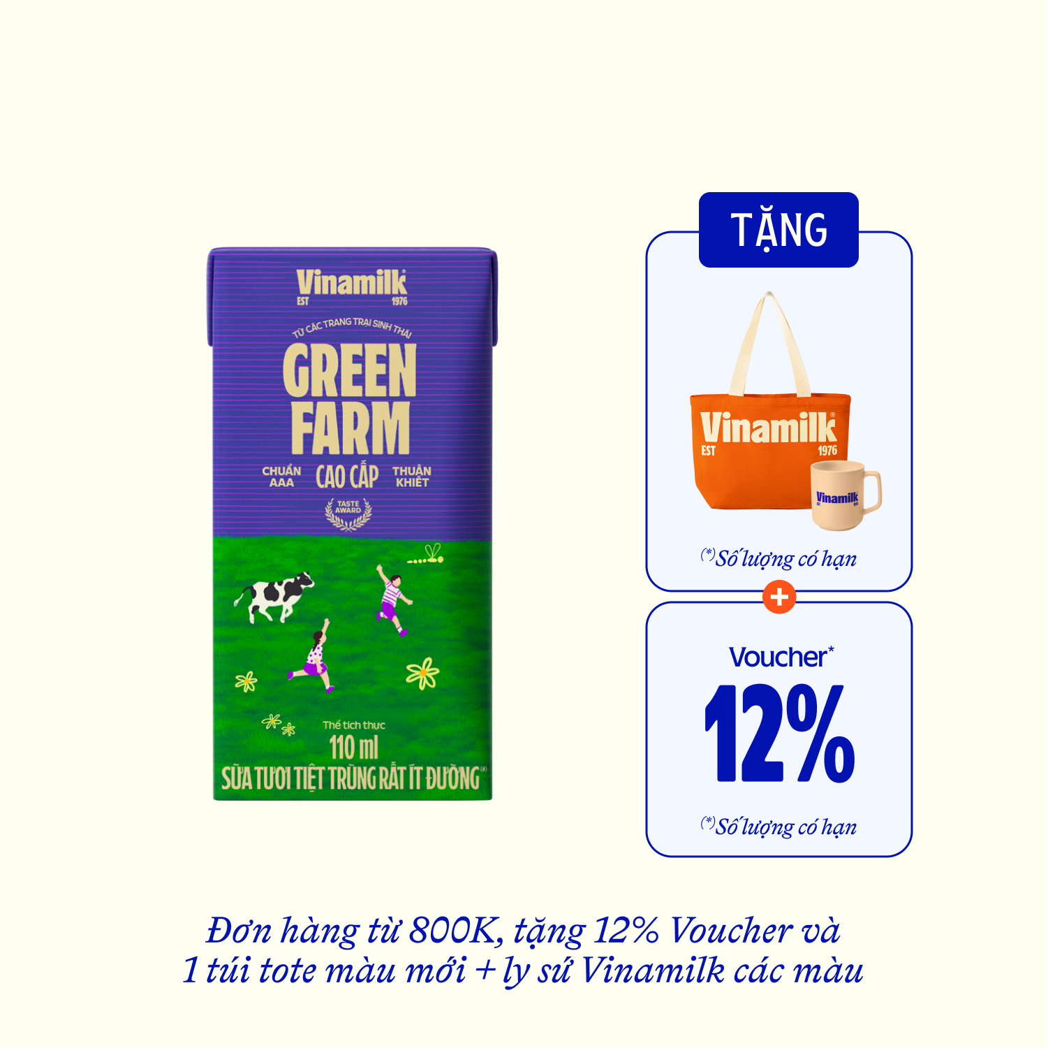 Sữa tươi tiệt trùng Green Farm Rất ít đường 110ml Thùng 48 hộp