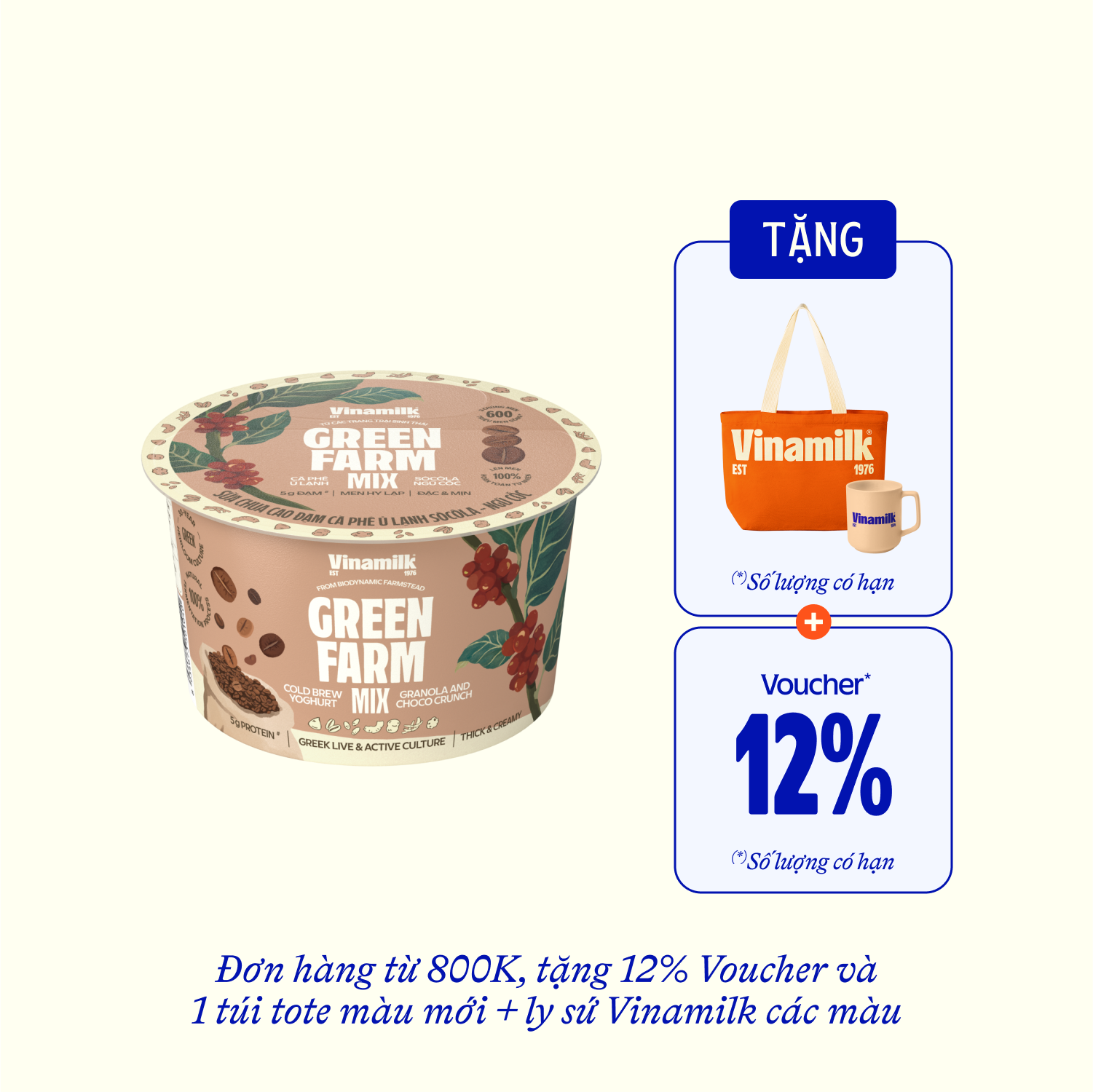 Sữa chua ăn Green Farm Cao đạm cà phê ủ lạnh socola ngũ cốc 121g Thùng 16 hộp
