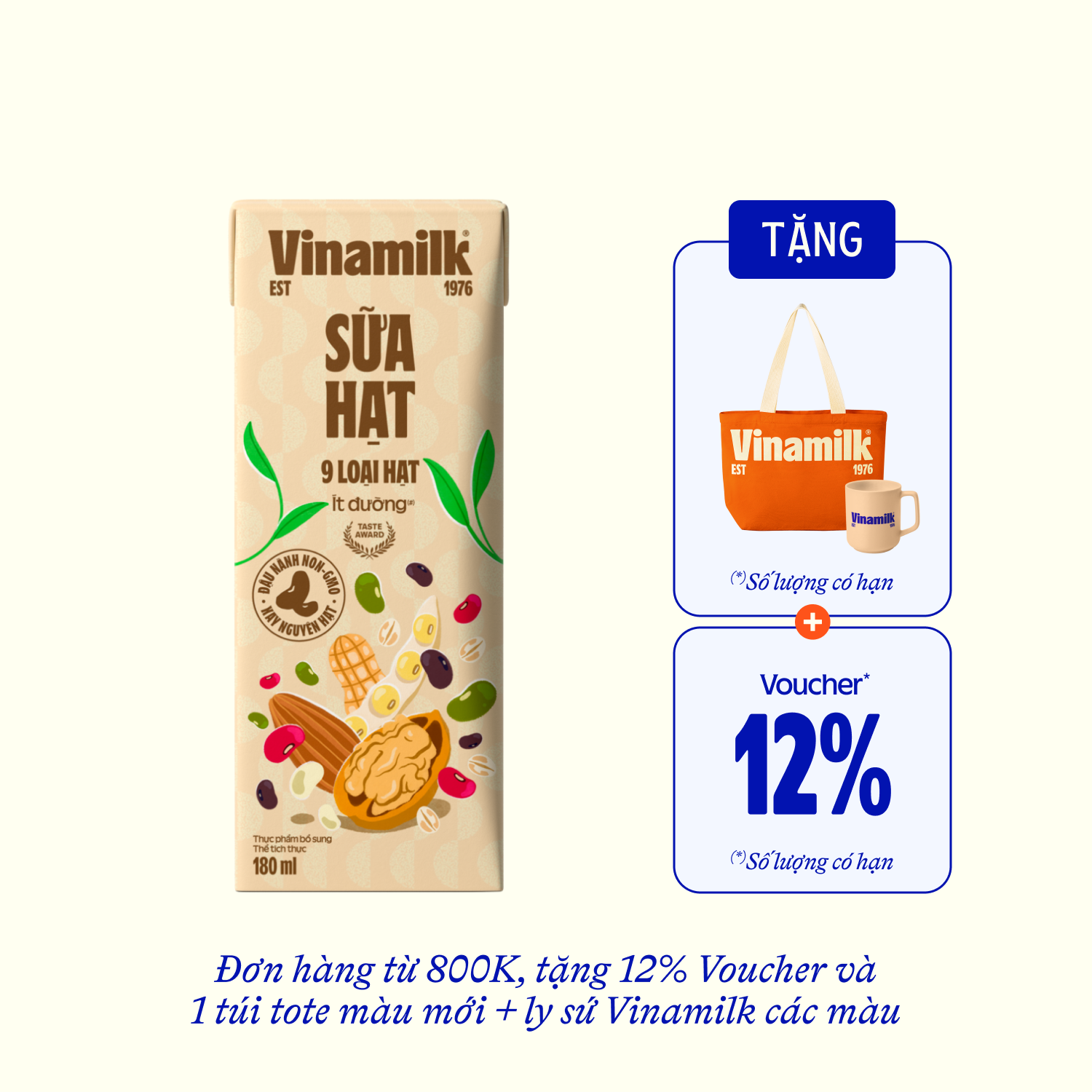 Sữa hạt Vinamilk 9 loại hạt Ít đường 180ml Thùng 24 hộp (6 lốc)