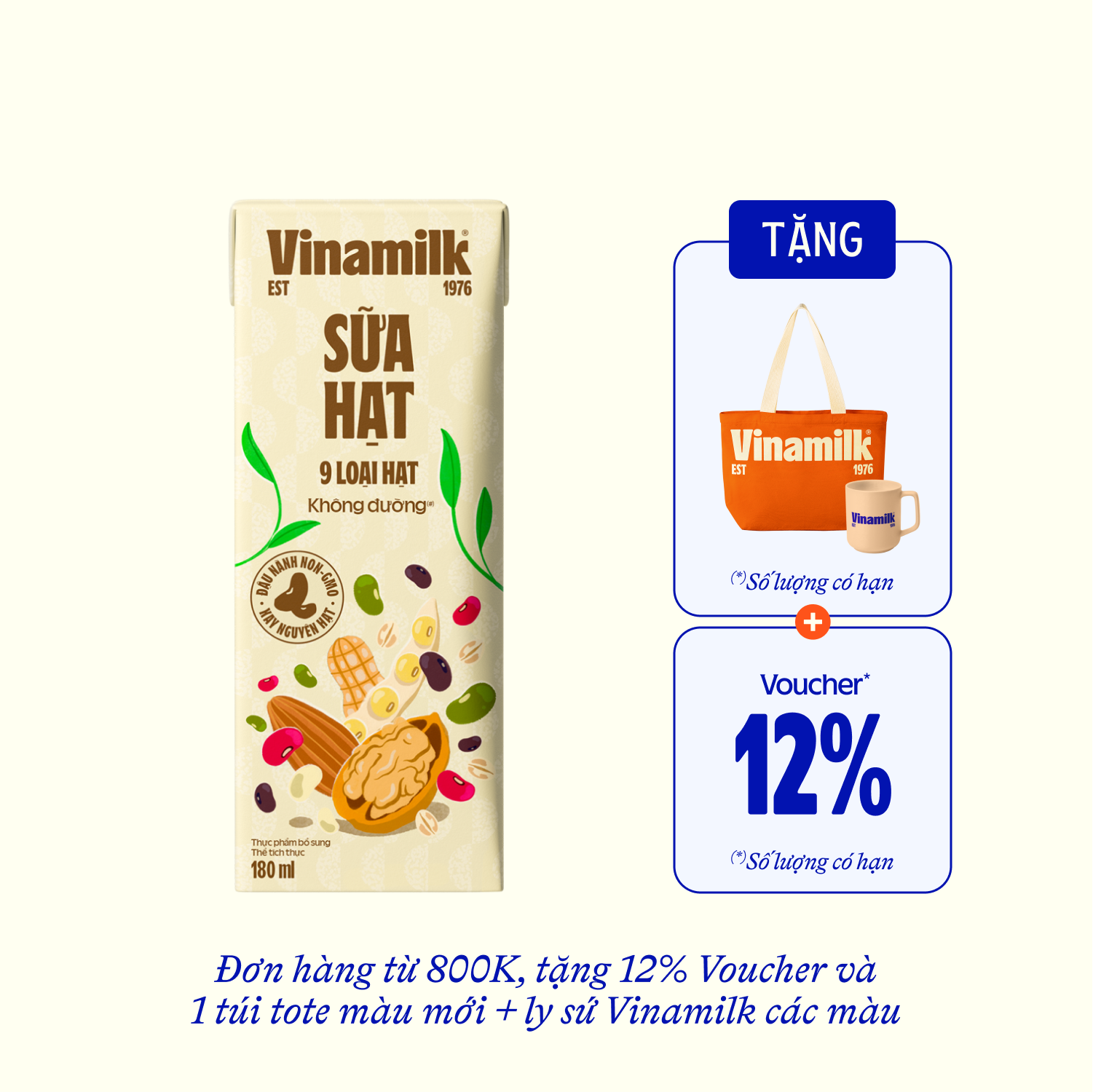 Sữa hạt Vinamilk 9 loại hạt không đường 180ml Thùng 24 hộp (6 lốc)