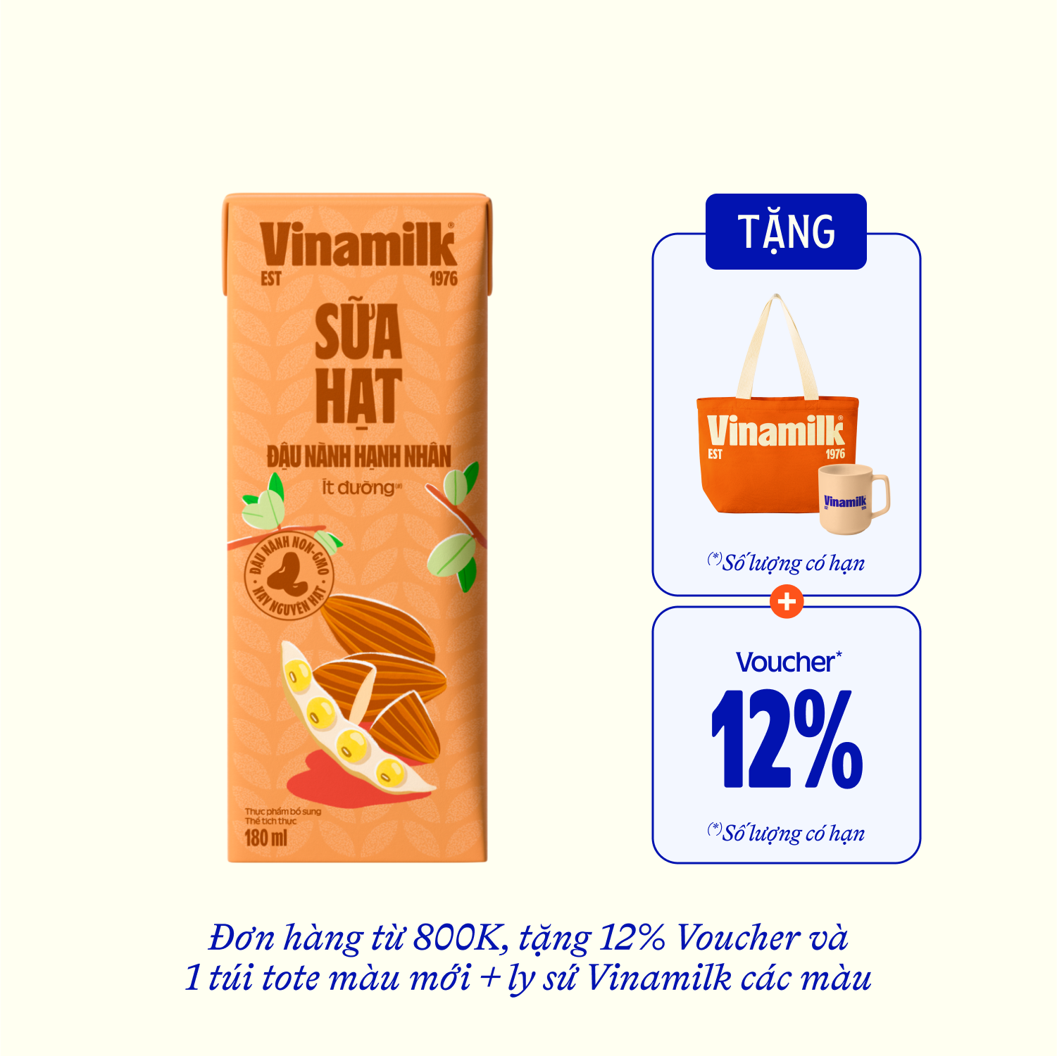 Sữa hạt Vinamilk Đậu nành Hạnh nhân 180ml Thùng 48 hộp