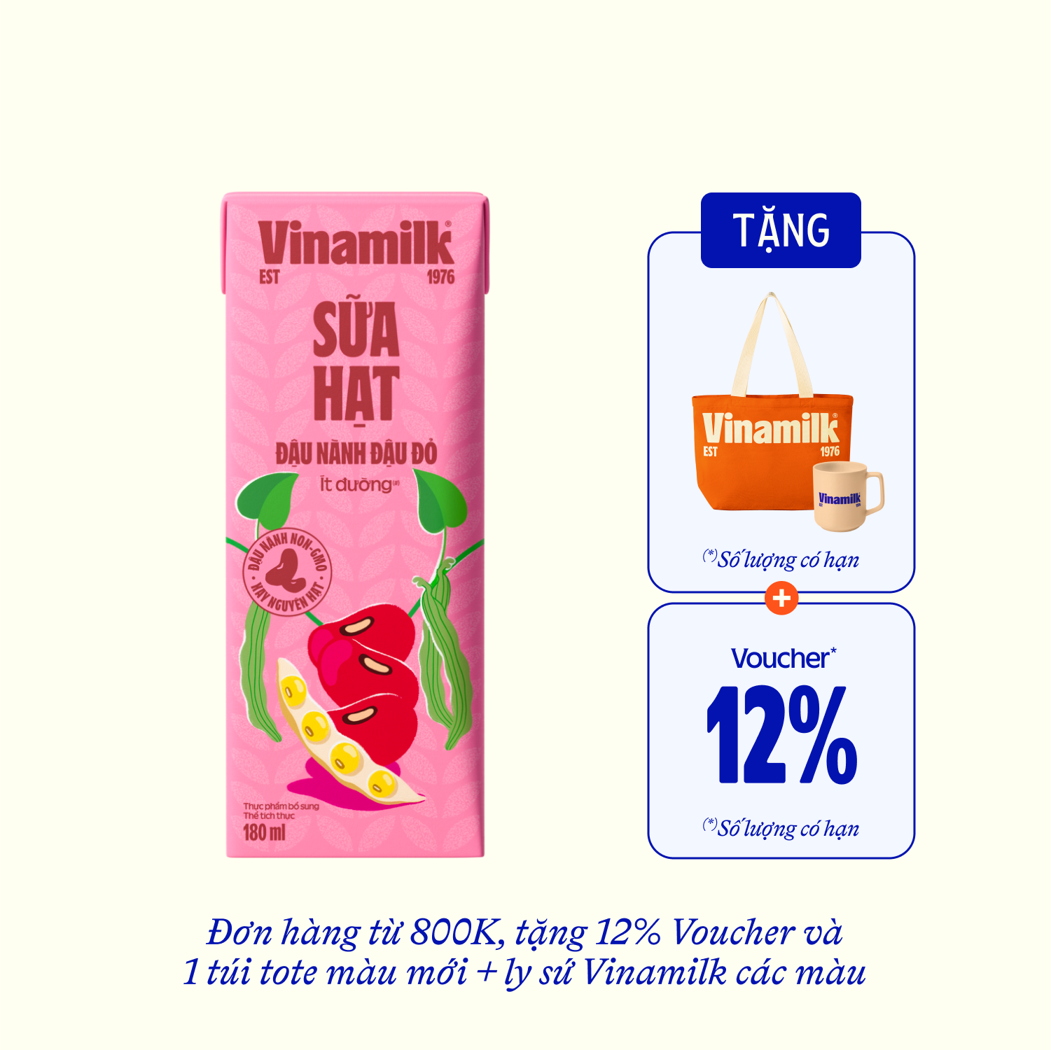 Sữa hạt Vinamilk Đậu nành Đậu đỏ 180ml Thùng 48 hộp