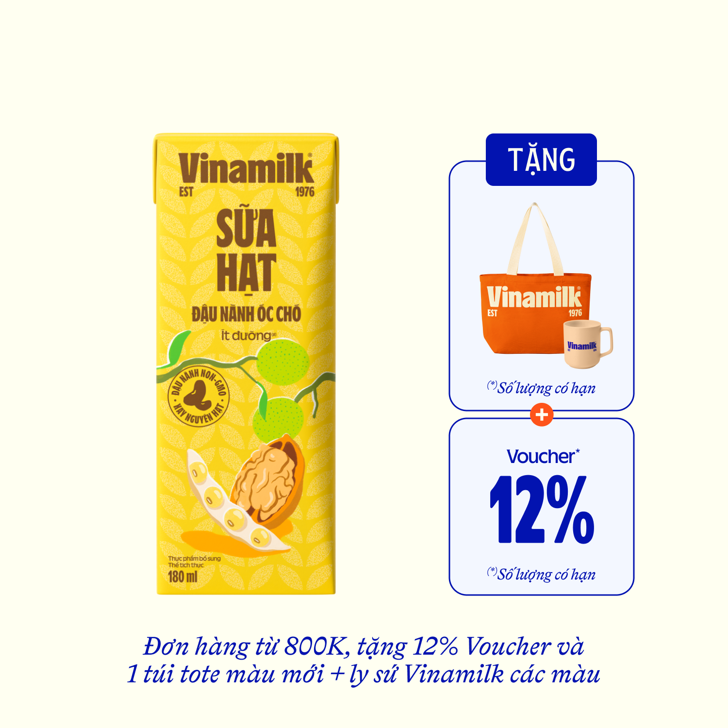 Sữa hạt Vinamilk Đậu nành Óc chó 180ml Thùng 48 hộp