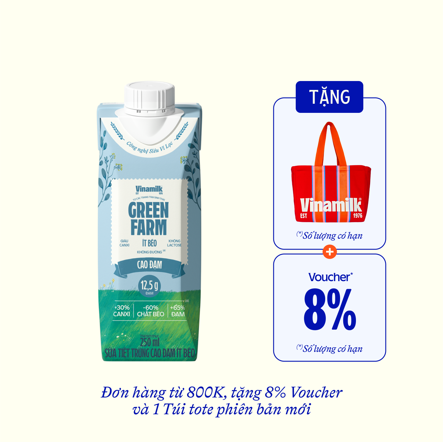 Sữa tươi tiệt trùng Green Farm Cao đạm ít béo 250ml Thùng 12 hộp