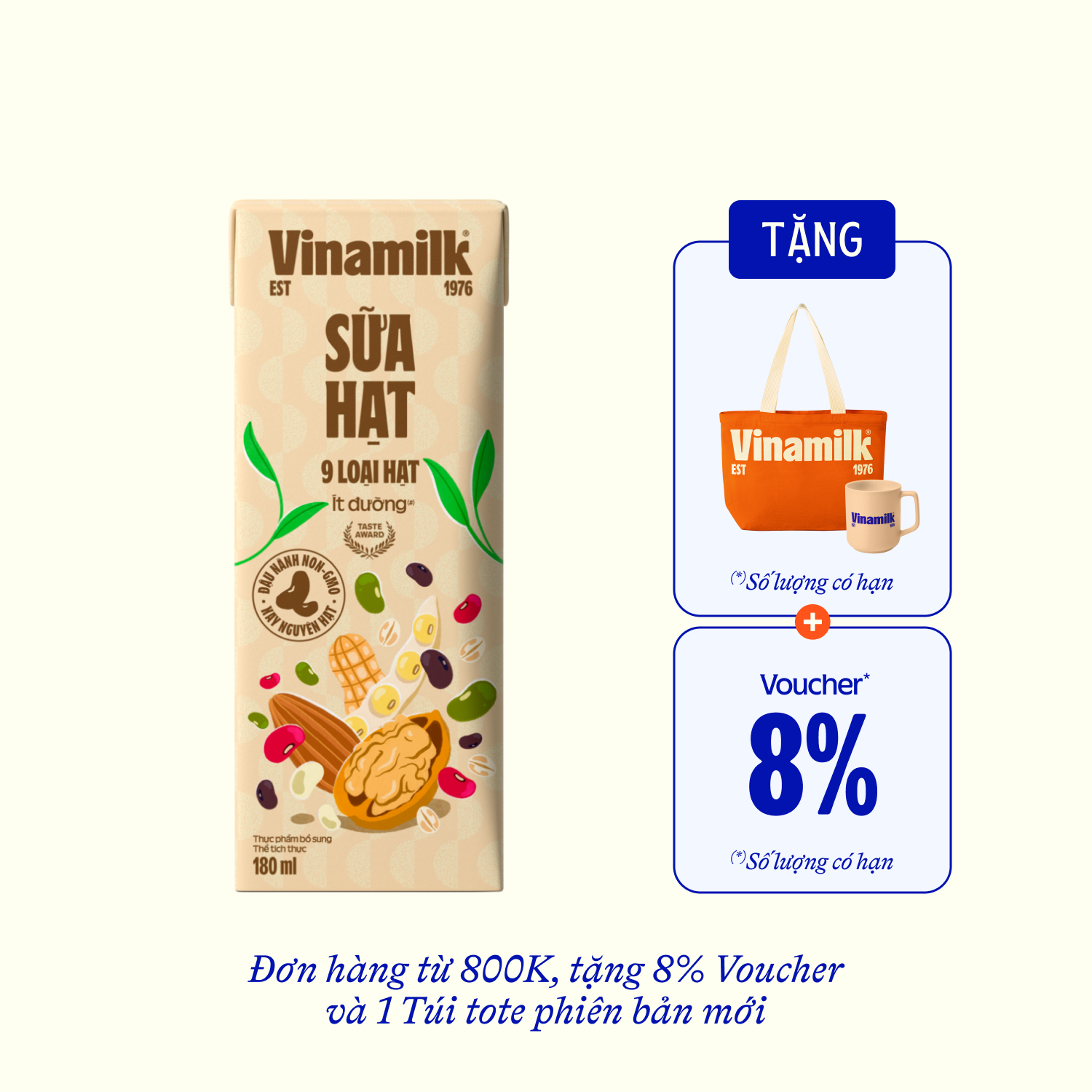 Sữa hạt Vinamilk 9 loại hạt Ít đường 180ml Thùng 24 hộp (6 lốc)