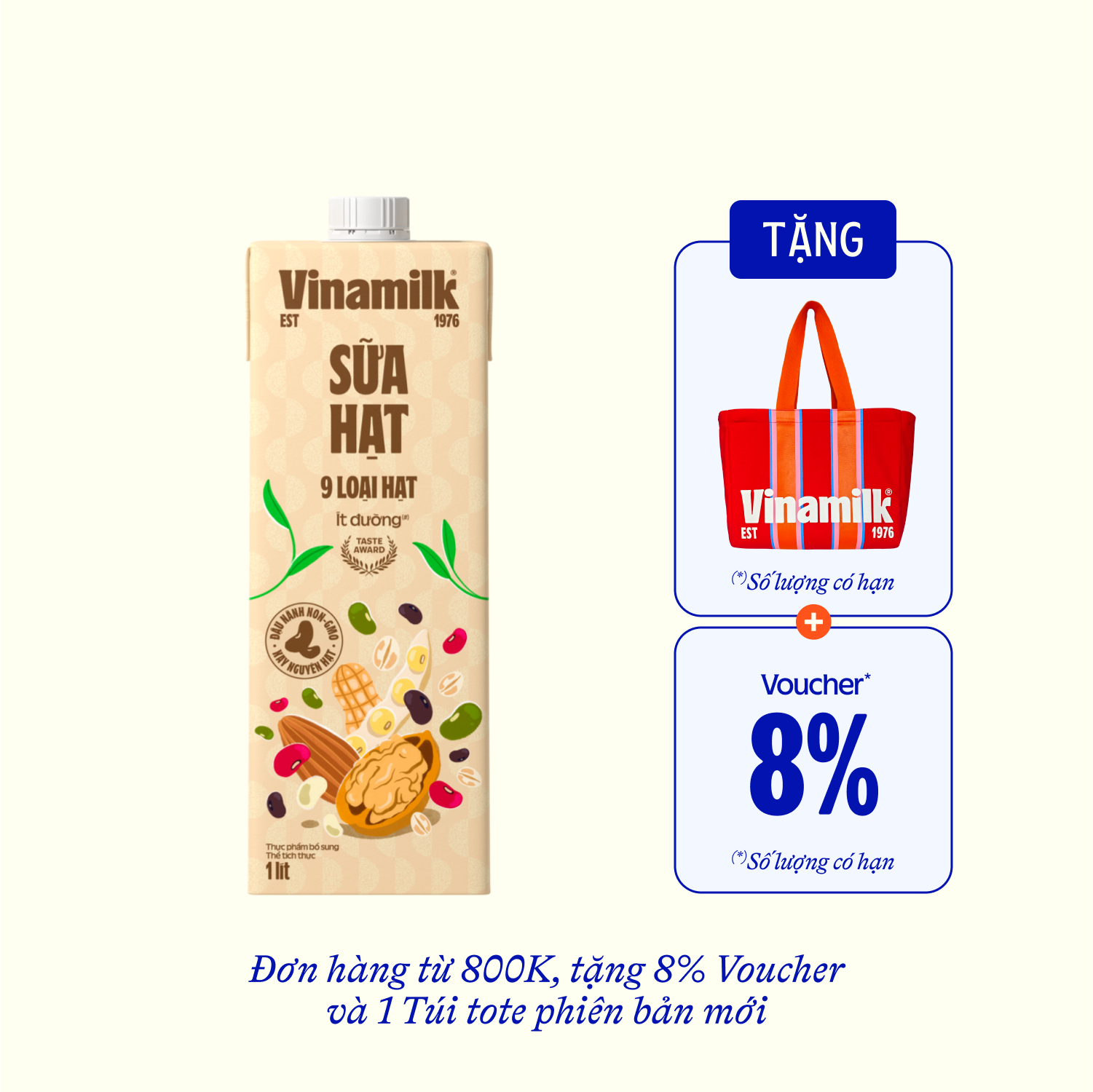 Sữa hạt Vinamilk 9 loại hạt ít đường 1L Thùng 12 hộp