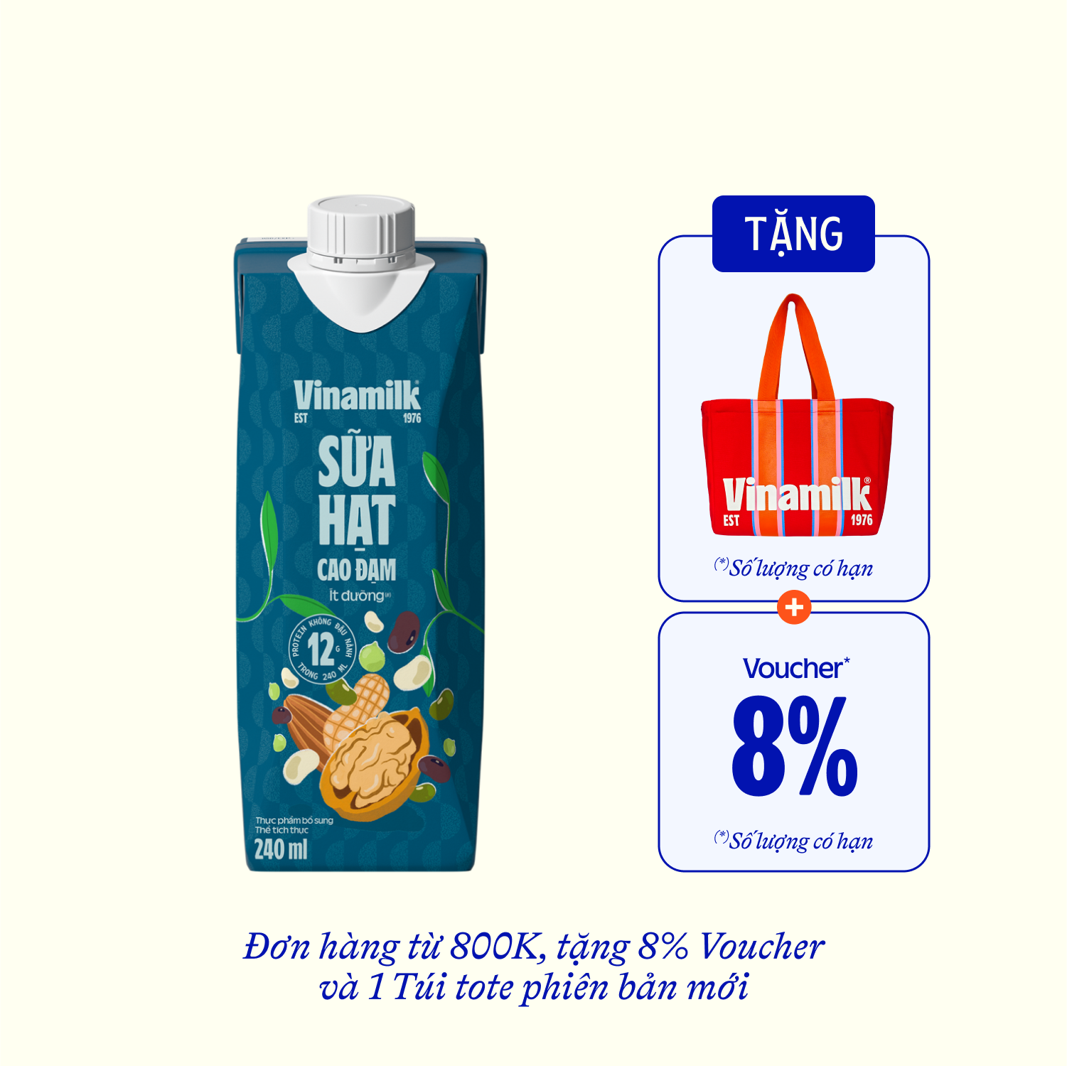 Sữa hạt Vinamilk Cao Đạm ít đường 240ml Thùng 12 hộp