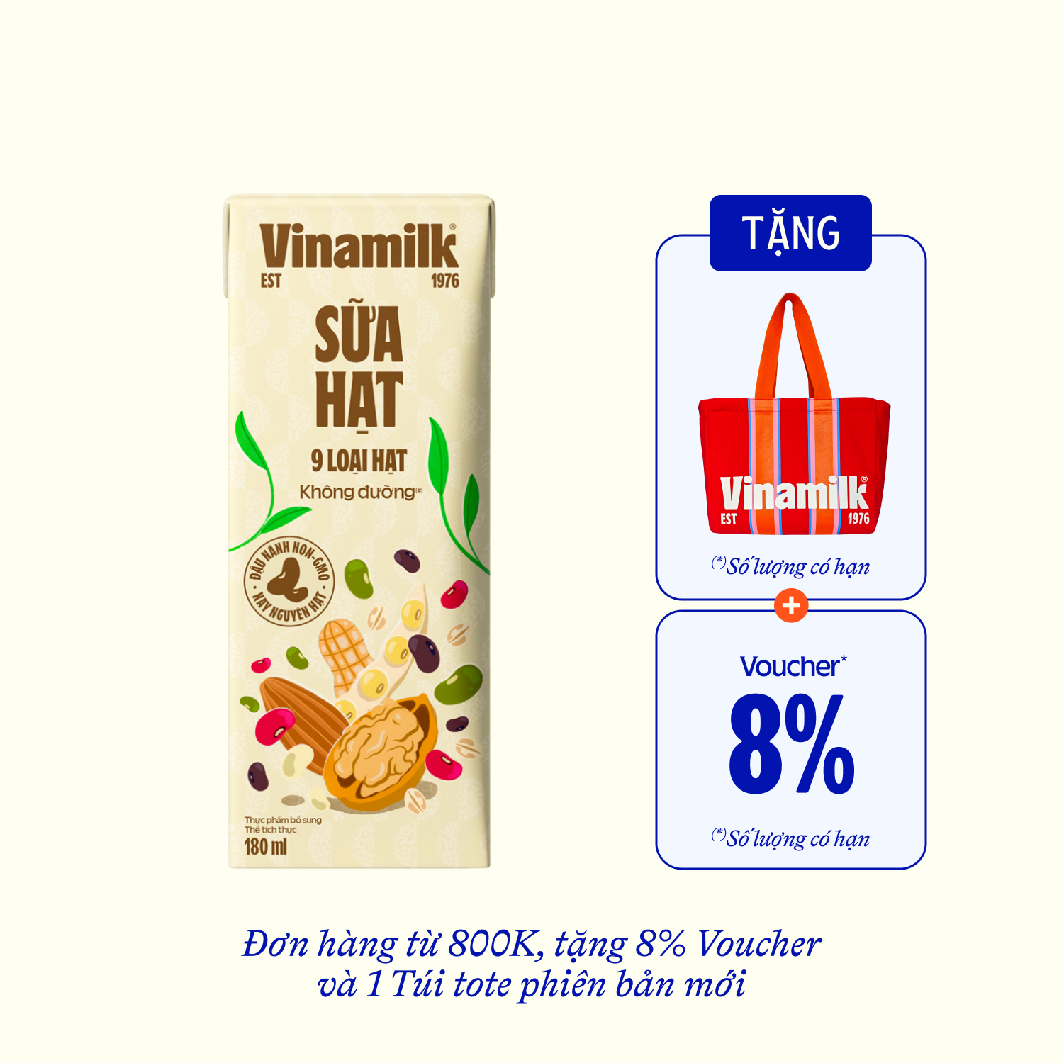 Sữa hạt Vinamilk 9 loại hạt không đường 180ml Thùng 24 hộp (6 lốc)
