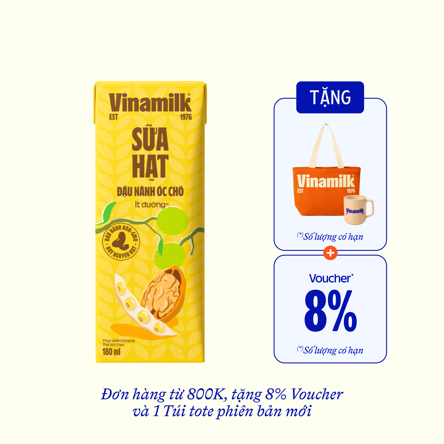 Sữa hạt Vinamilk Đậu nành Óc chó 180ml Thùng 48 hộp