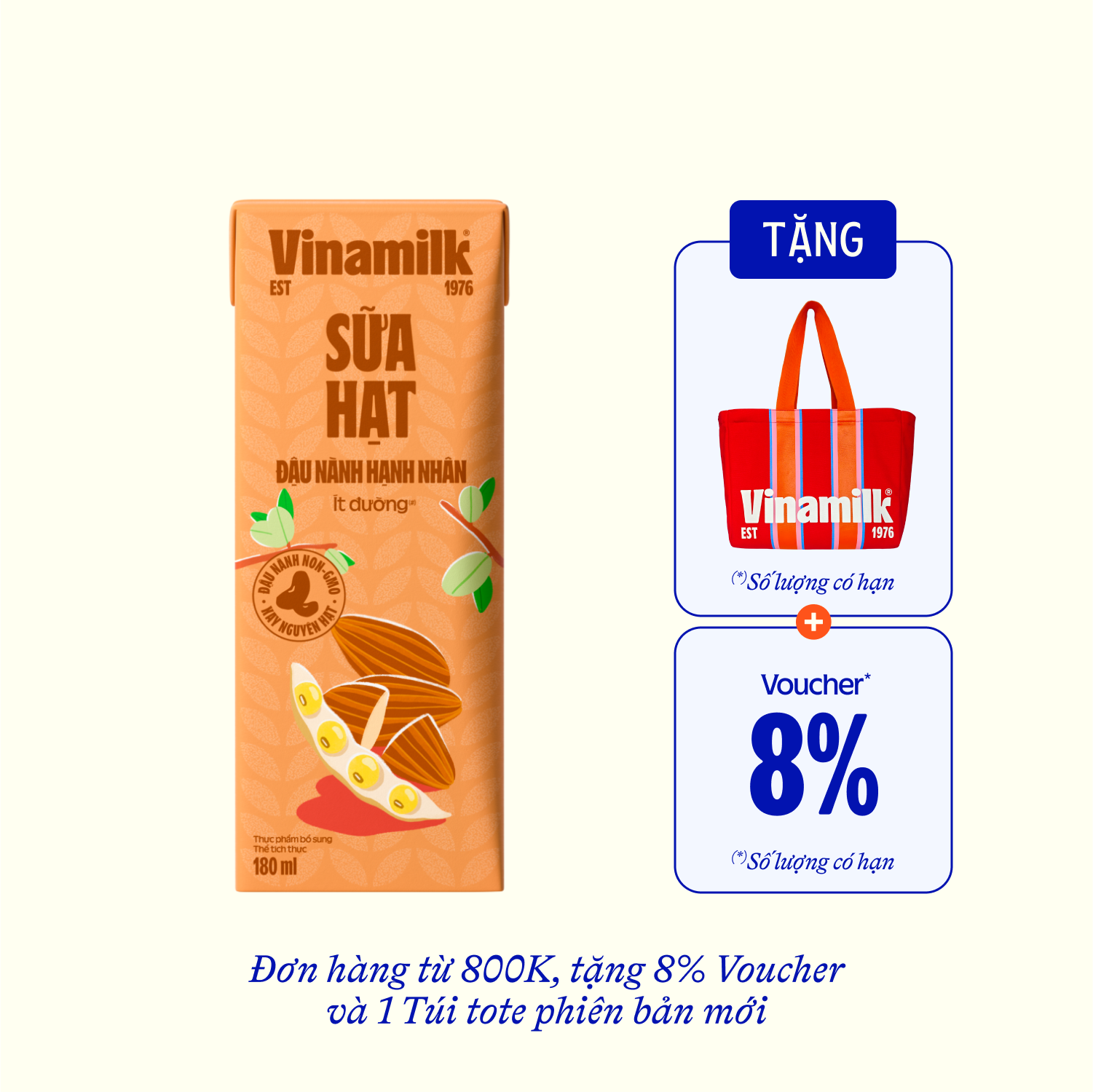Sữa hạt Vinamilk Đậu nành Hạnh nhân 180ml Thùng 48 hộp