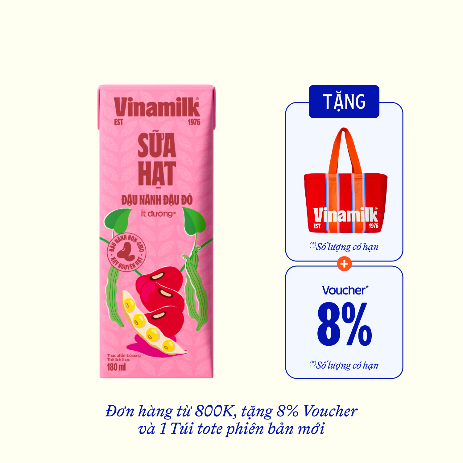Sữa hạt Vinamilk Đậu nành Đậu đỏ 180ml Thùng 48 hộp