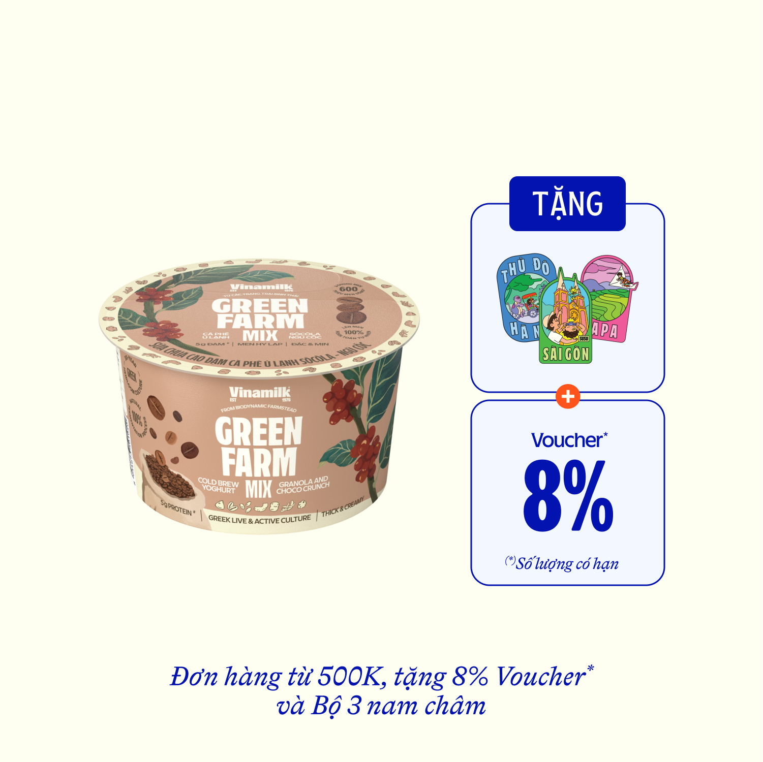 Sữa chua ăn Green Farm Cao đạm cà phê ủ lạnh socola ngũ cốc 121g Thùng 16 hộp