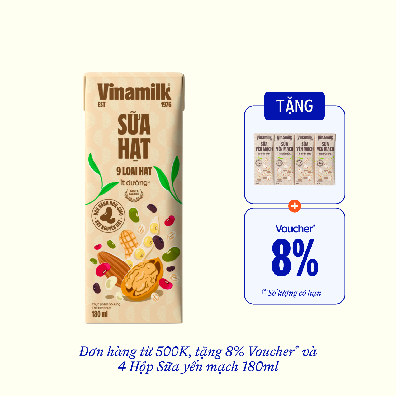 Sữa hạt Vinamilk 9 loại hạt Ít đường 180ml Thùng 24 hộp (6 lốc)