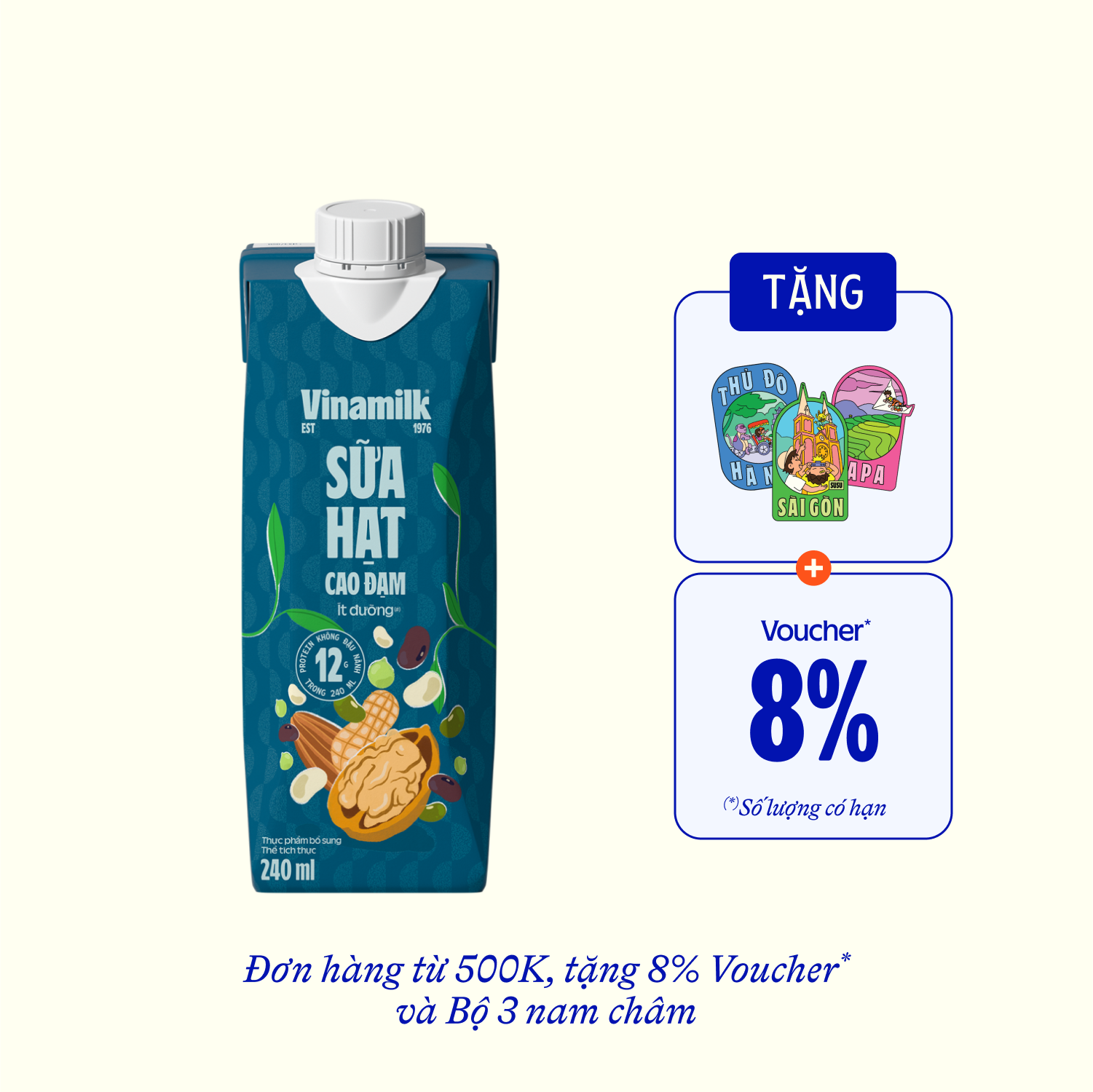 Sữa hạt Vinamilk Cao Đạm ít đường 240ml Thùng 12 hộp
