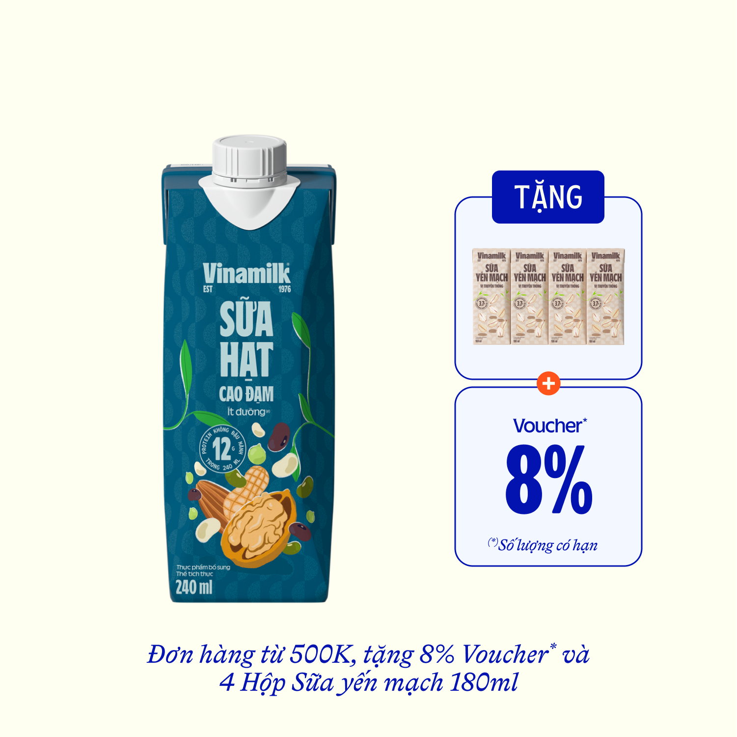 Sữa hạt Vinamilk Cao Đạm ít đường 240ml Thùng 12 hộp