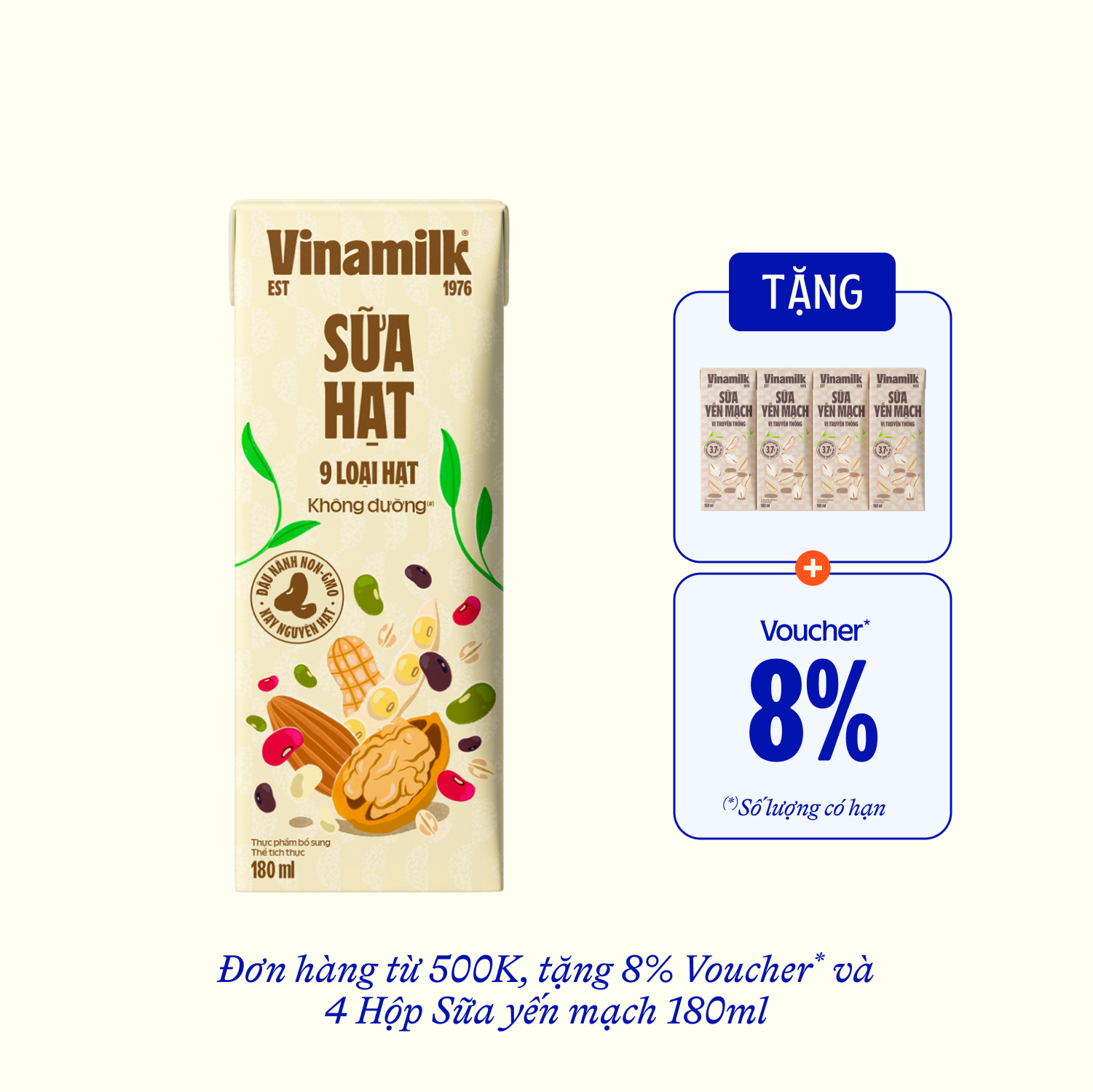 Sữa hạt Vinamilk 9 loại hạt không đường 180ml Thùng 24 hộp (6 lốc)