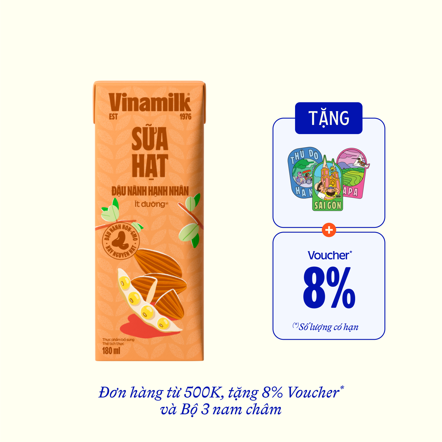 Sữa hạt Vinamilk Đậu nành Hạnh nhân 180ml Thùng 48 hộp