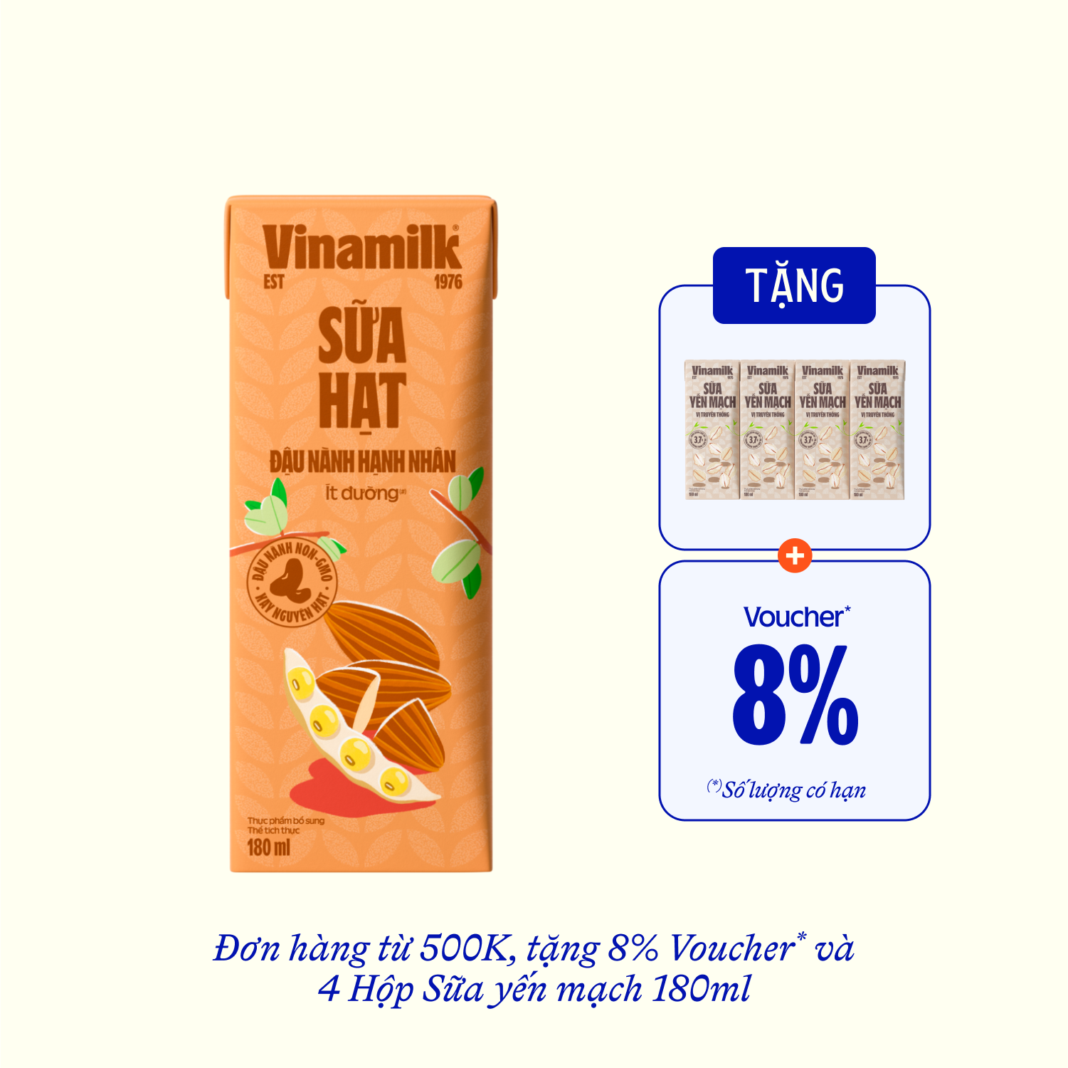 Sữa hạt Vinamilk Đậu nành Hạnh nhân 180ml Thùng 48 hộp