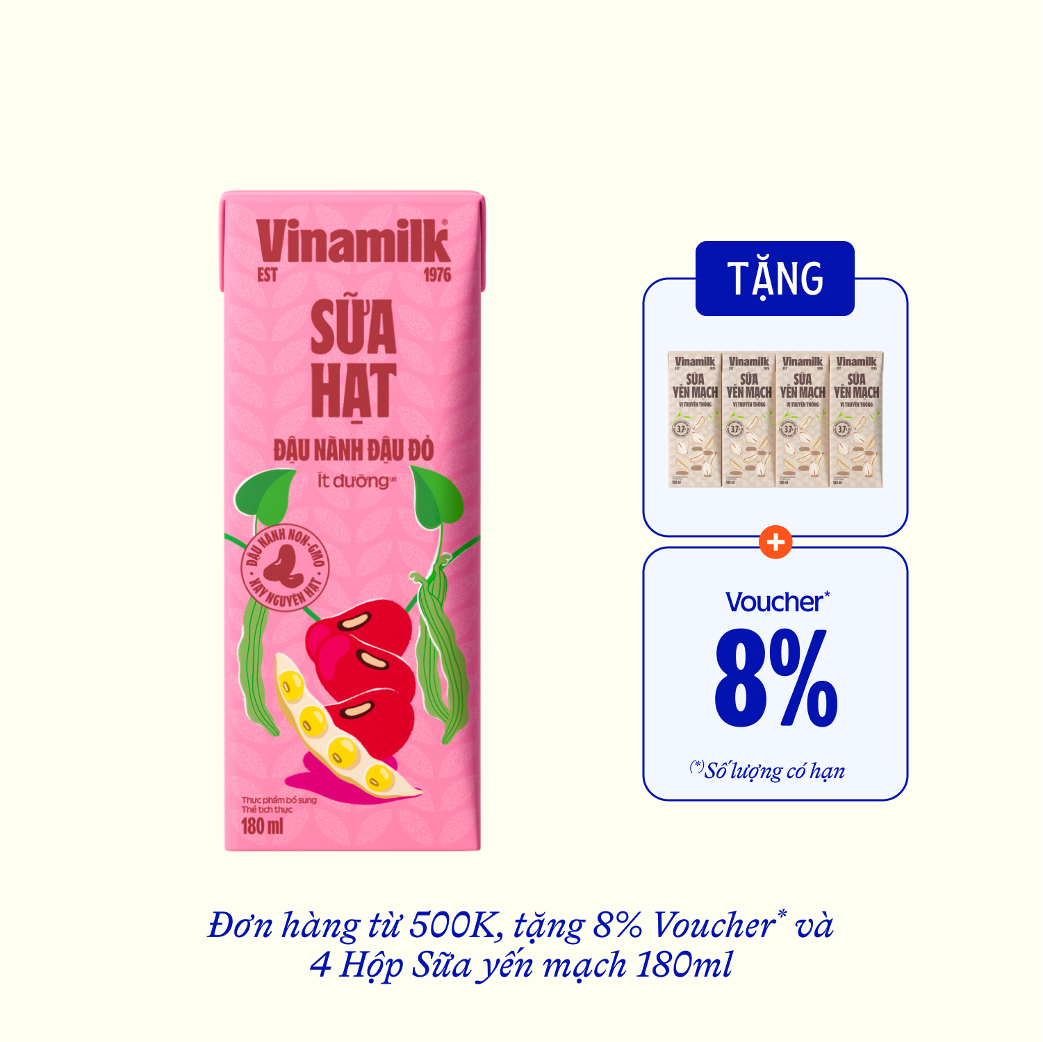 Sữa hạt Vinamilk Đậu nành Đậu đỏ 180ml Thùng 48 hộp