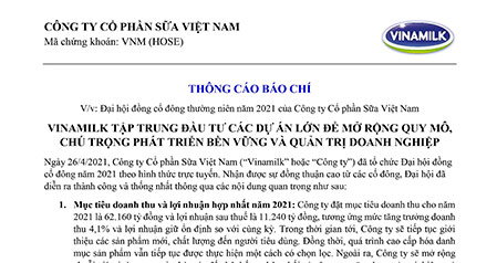 Đại hội đồng cổ đông thường niên năm 2021 của Công ty Cổ phần Sữa Việt Nam