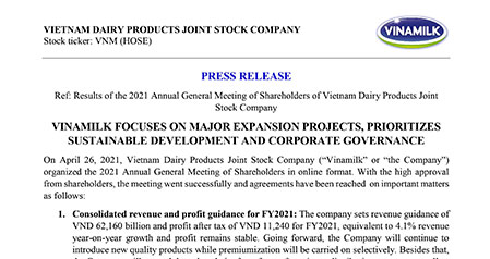 Results of the 2021 Annual General Meeting of Shareholders of Vietnam Dairy Products Joint  Stock Company