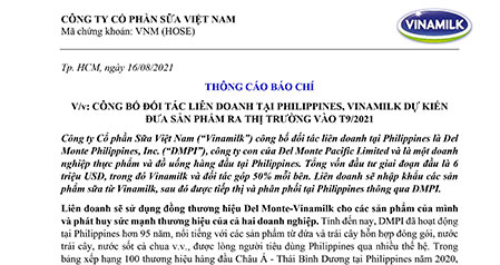 Công bố đối tác liên doanh tại Philippines, Vinamilk dự kiến  đưa sản phẩm ra thị trường vào t9/2021