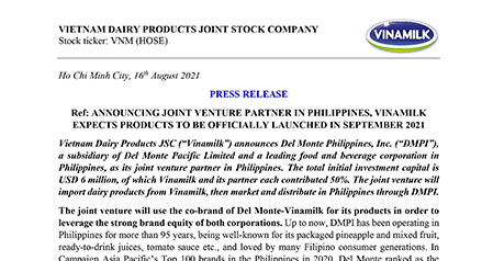 Announcing joint venture partner in Philippines, Vinamilk expects products to be officially launched in september 2021