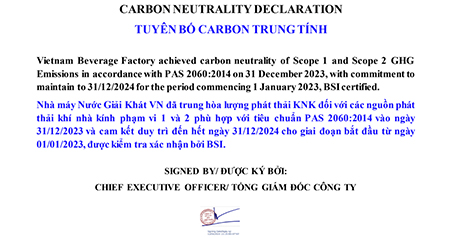 DECLARATION OF CARBON NEUTRALITY - VIETNAM BEVERAGE FACTORY