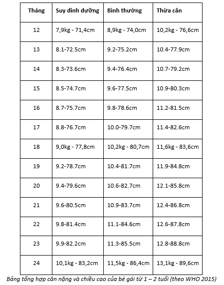 Chuẩn chiều cao, cân nặng của bé gái từ 1 – 2 tuổi Chuẩn chiều cao, cân nặng của bé gái từ 1 – 2 tuổi