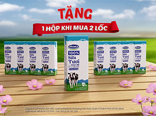 Tặng 1 hộp Sttt Vinamilk 100% cùng dung tích bất kì khi mua 2 lốc sữa tuoi tiệt trùng Vinamilk 100% 110ml hoặc 180ml