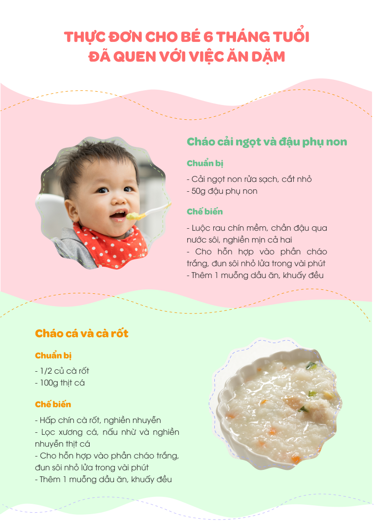 Thực đơn ăn dặm cho bé 6 tháng tuối đã quen với việc ăn dặm Thực đơn ăn dặm cho bé 6 tháng tuối đã quen với việc ăn dặm
